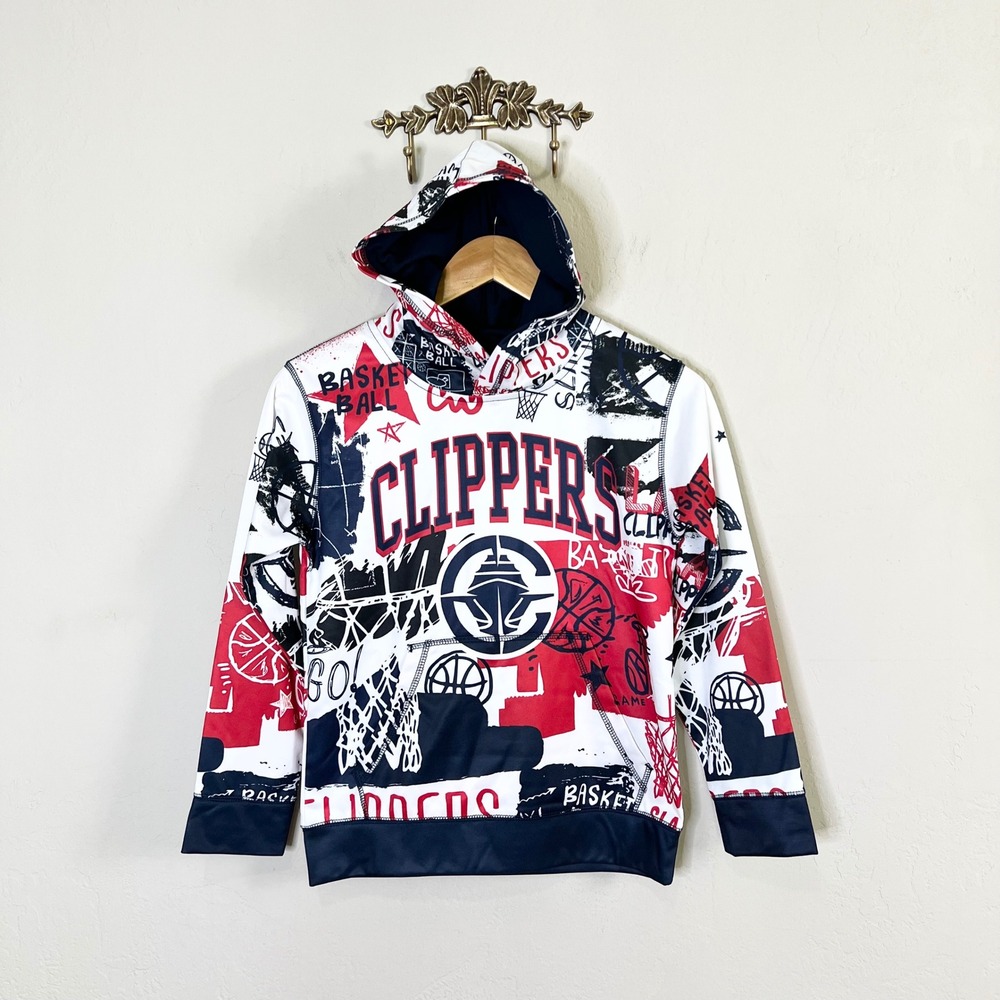 NBA LA Clippers Hoodie Graffiti Print Youth Size Small (8) Red White Blue New